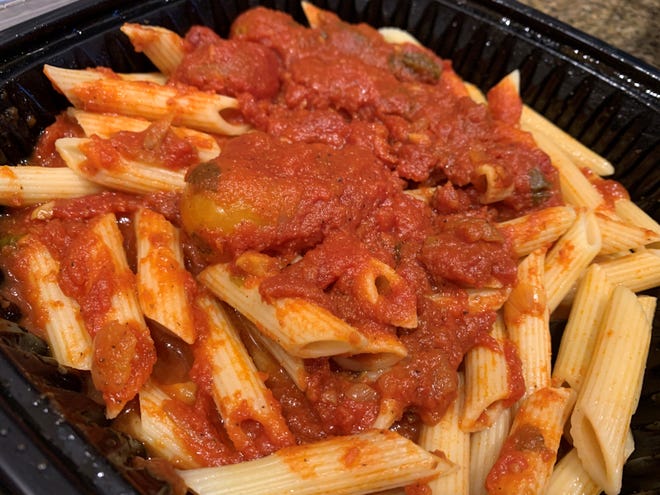 A side of penne pasta and sauce from Joey’s Pizza and Pasta, Marco Island.