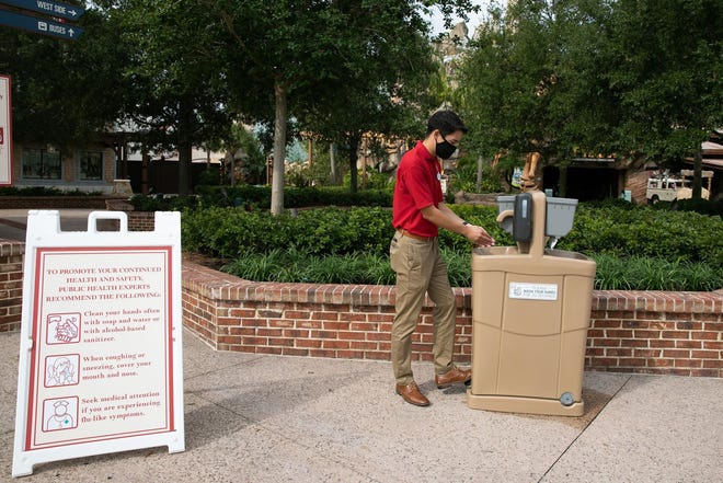 Guests visiting Disney Springs, which reopened Wednesday, will notice hand sanitizer and hand-washing locations throughout the complex. Guests are highly encouraged to use them. There also will be an increase in cleaning and disinfection of high traffic areas like elevators, escalators, handrails, benches, tables, handles, restrooms and more.