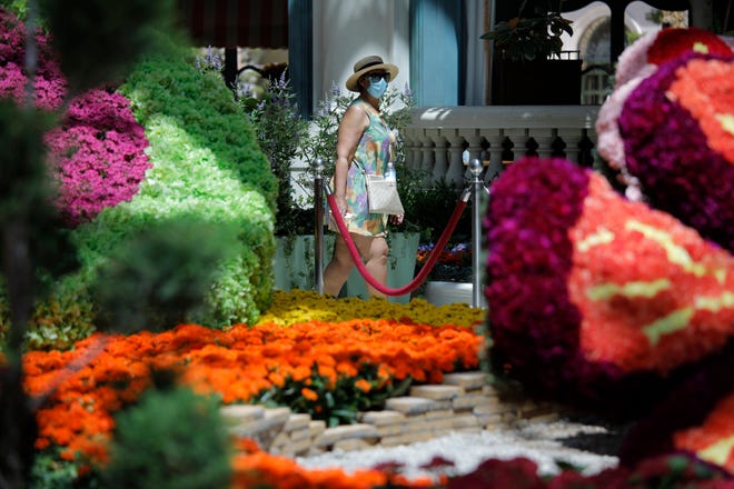 A woman in a mask walks through the Conservatory & Botanical Gardens at the reopening of the Bellagio hotel and casino Thursday, June 4, 2020, in Las Vegas.