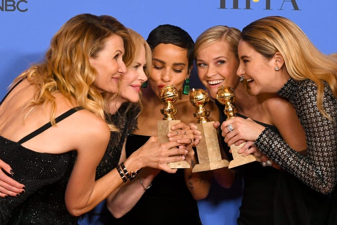 Actors Laura Dern, Nicole Kidman, Zoe Kravitz, Reese Witherspoon and Shailene Woodley pose with the Best Television Limited Series or Motion Picture Made for Television award for 'Big Little Lies' during The 75th Annual Golden Globe Awards on Jan. 7, 2018.
