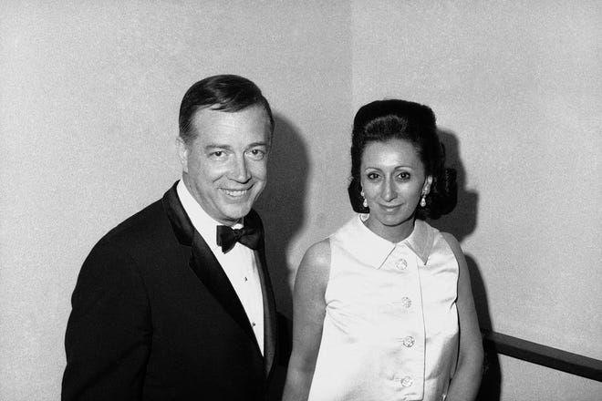 Hugh Downs and his wife Ruth Shaheen Downs are shown on April 11, 1967 during a reception for the Broadway show "Illya Darling."