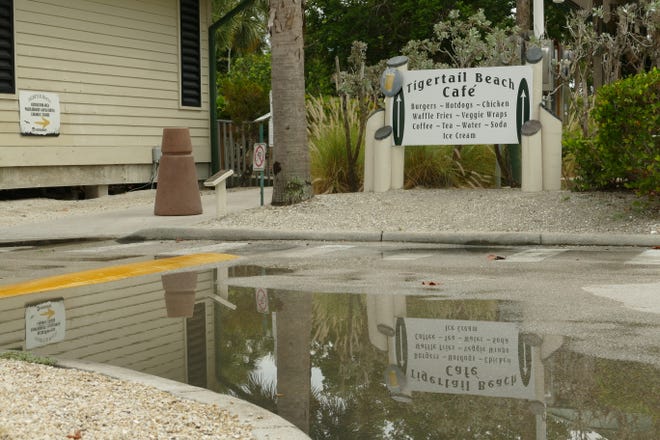 A Tigertail Beach Cafe sign reflects on water at the Tigertail Beach Park on July 6, 2020.
