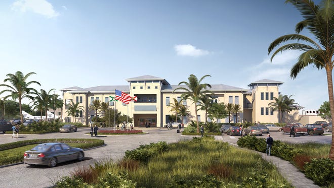 The image shows a rendering of the new terminal of the Marco Island Executive Airport.