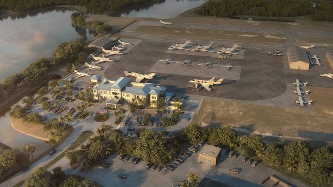 The image shows a rendering of phase two of the project at the Marco Island Executive Airport.