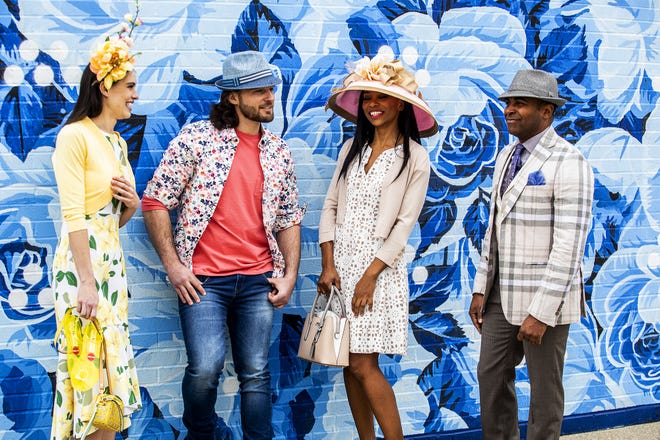 Models Kristina Russ, Josh Frank, Kasi Shelton and Derrick Clarkson relaxed during a Kentucky Derby fashion shoot with stylist Jo Ross at Churchill Downs. March 11, 2020

All merchandise from Von Maur, Oxmoor Center, Louisville, Ky., during a Kentucky Derby fashion shoot with stylist Jo Ross at Churchill Downs. Models from Cosmo Model and Talent Agency.