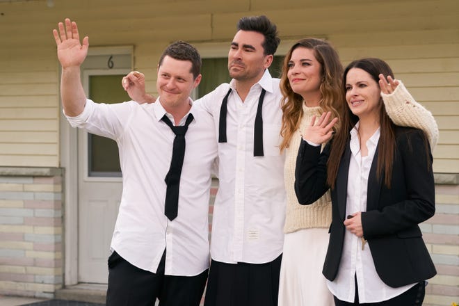 Patrick (Noah Reid), David (Dan Levy), Alexis (Annie Murphy) andStevie (Emily Hampshire) in the final season of "Schitt's Creek," which was "Simply the Best."