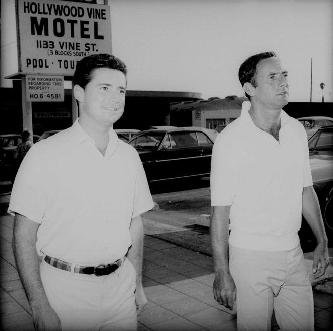 ABC late-night host Joey Bishop, at right, is joined by his foil Regis Philbin as they stroll up Sunset Boulevard in Hollywood on Sept. 8, 1967.