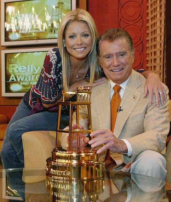 Regis Philbin, right, and Kelly Ripa pose with one of their Relly Awards on the set of "Live! With Regis and Kelly" on Sept. 16, 2004.