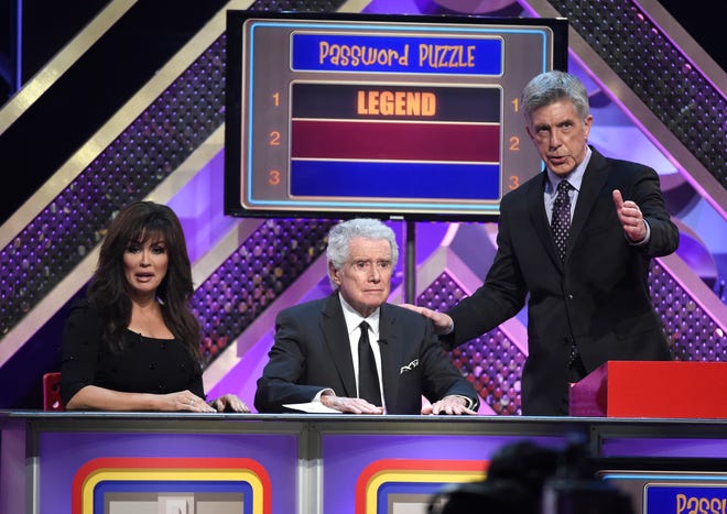 Marie Osmond, from left, Regis Philbin and Tom Bergeron play Password Puzzle at the 42nd annual Daytime Emmy Awards at Warner Bros. Studios on April 26, 2015, in Burbank, Calif.