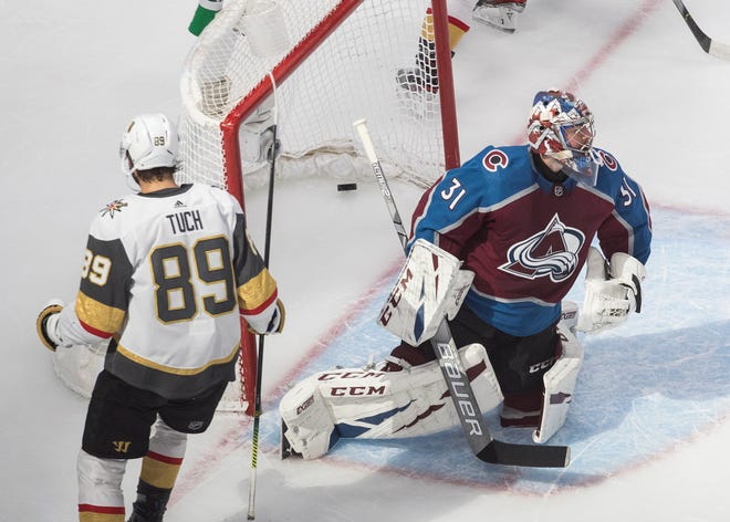 Aug. 8: Colorado Avalanche goalie Philipp Grubauer gives up a goal to Vegas Golden Knights' Alex Tuch during overtime.