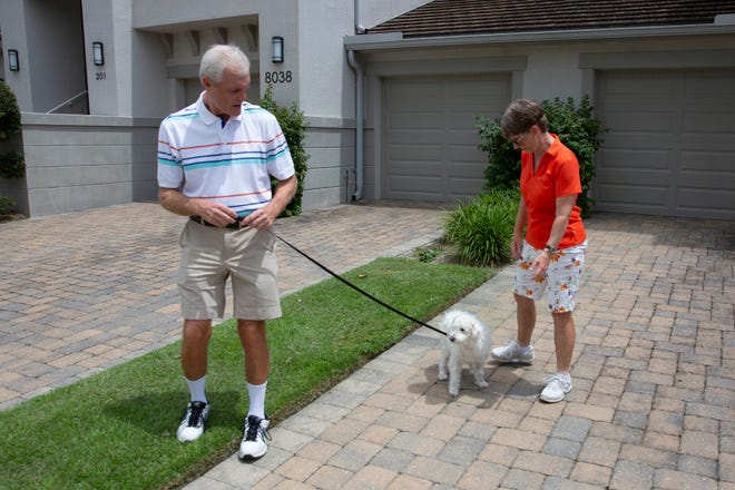 Larry and Loyce Snyder prepare to walk with Shay, Friday, Aug. 28, 2020, at their home in Lely Resort. Shay came home to the Snyder household for hospice care but has since recovered.