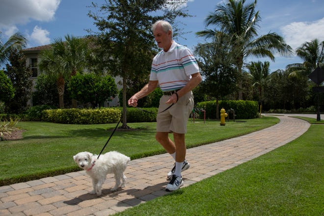 Shay, walks with her owner Larry Snyder, Friday, Aug. 28, 2020, near their home in Lely Resort.