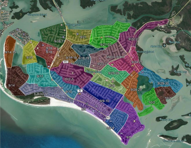 The colors on the map correspond to the work schedule of the sewer smoke test, according to the city of Marco Island. "This map will be updated on Fridays to reflect progress and scheduling adjustments," the city wrote.