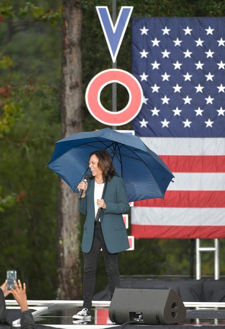 Vice-presidential candidate Kamala Harris speaks during a drive-in rally Monday, October 19, 2020 at the University of North Florida in Jacksonville, Florida.