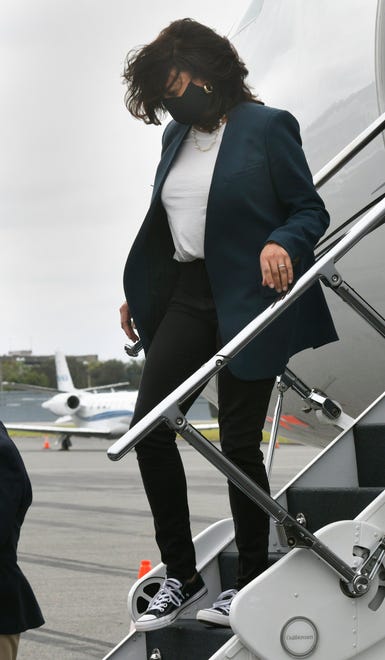 Vice-presidential candidate Kamala Harris steps off the plane Monday, October 19, 2020 at Jacksonville International Airport on the first day of early voting in Jacksonville, Florida.