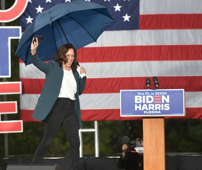 Vice-presidential candidate Kamala Harris speaks during a drive-in rally Monday, Oct. 19, 2020 at the University of North Florida in Jacksonville, Florida. Early voting ended on Nov. 1, 2020 in Duval County. See more photos .