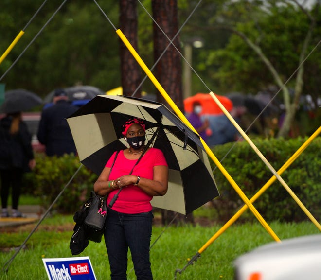 A woman lines up to vote at the Lantana Road Branch Library during the first day of in-person early voting in Palm Beach County at Monday October 19, 2020 in Lake Worth.  [MEGHAN MCCARTHY/palmbeachpost.com]