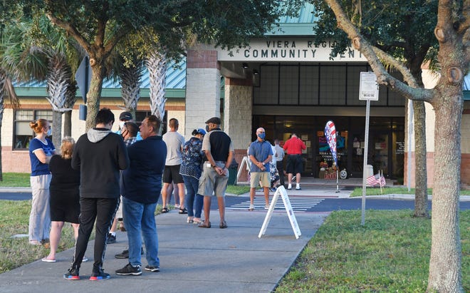 People were waiting before 8:00am. Lines on Monday morning at Viera Regional Park Community Center on the first day of early voting, which is available 7 days a weeks October 19 until Oct. 31 at 10 voting sites in Brevard County.