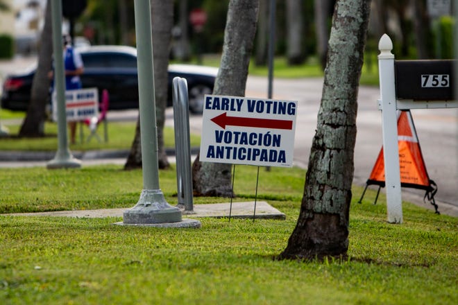 Signs posted on the lawn at the Norris Center in Naples direct voters to the polling station during the first day of early voting, Monday, Oct. 19, 2020.