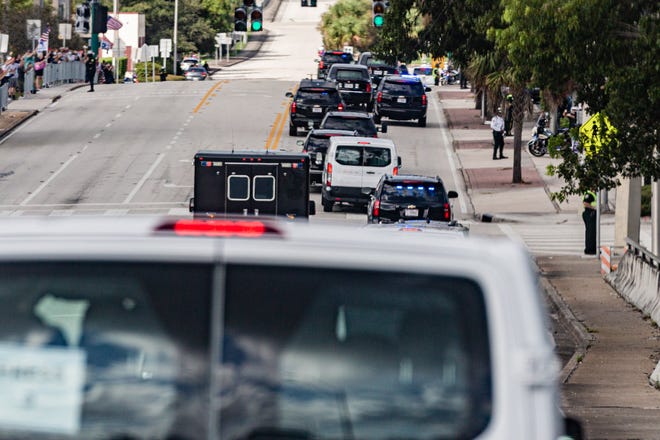 The Presidential motorcade travels west along Southern Blvd. as it heads to the main branch of the Palm Beach County library on Summit Blvd. in West Palm Beach, Saturday, October 24, 2020. President Donald J. Trump cast his ballot for the 2020 presidential election at the library this morning.