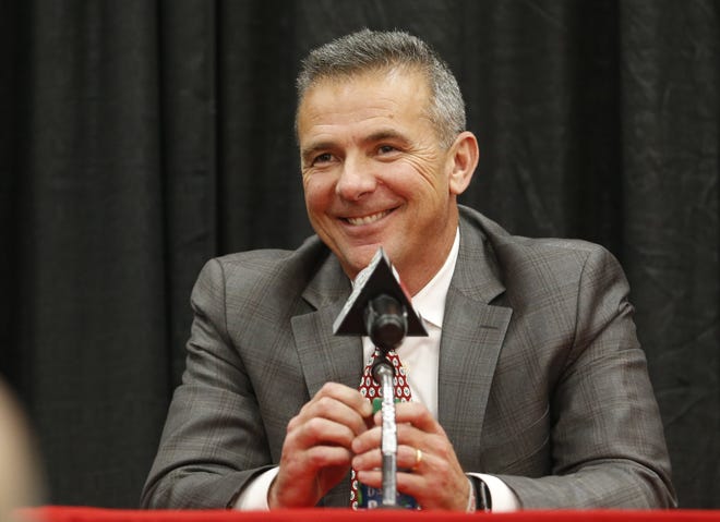FILE - Ohio State NCAA college football head coach Urban Meyer answers questions during a news conference announcing his retirement in Columbus, Ohio, in this Tuesday, Dec. 4, 2018, file photo. A person familiar with the search says Urban Meyer and the Jacksonville Jaguars are working toward finalizing a deal to make him the team's next head coach. The person spoke to The Associated Press on the condition of anonymity Thursday, Jan. 14, 2021, because a formal agreement was not yet in place. (AP Photo/Jay LaPrete, File)