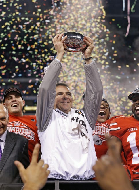 8. Jacksonville isn ' t the only AFC South location where Meyer has had success. While coaching the Gators, he won three trips to Nashville, home of the Tennessee Titans, in victories over Vanderbilt (in 2006, 2008 and 2010). He ' s also fared well in Indianapolis, winning three of four Big Ten title games at the Colts ' Lucas Oil Stadium. Meyer ' s Buckeyes beat Wisconsin in 2014 (pictured) and 2017 and Northwestern in 2018, but lost 34-24 to Michigan State in 2013.