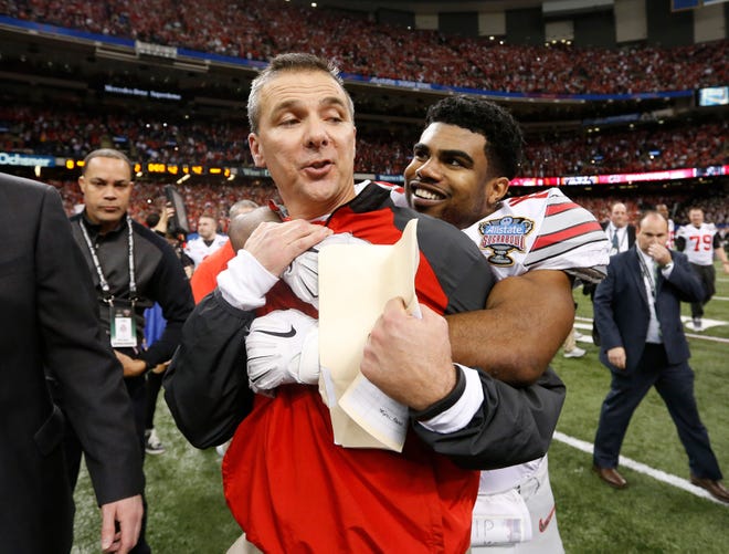 9. Speaking of the Titans, Urban Meyer came out a victor in his only prior meeting with current Titans star and former Alabama Heisman Trophy winner Derrick Henry, owner of the national career high school rushing record at Yulee High School. In the Sugar Bowl on New Year ' s Day in 2015, Henry got his yardage as usual (13 carries for 95 yards and a touchdown, while splitting carries with T.J. Yeldon), but Ohio State used 230 rushing yards from Ezekiel Elliott and exploited three interceptions thrown by Crimson Tide quarterback Blake Sims to beat Alabama 42-35 on the road to Meyer ' s third national championship.