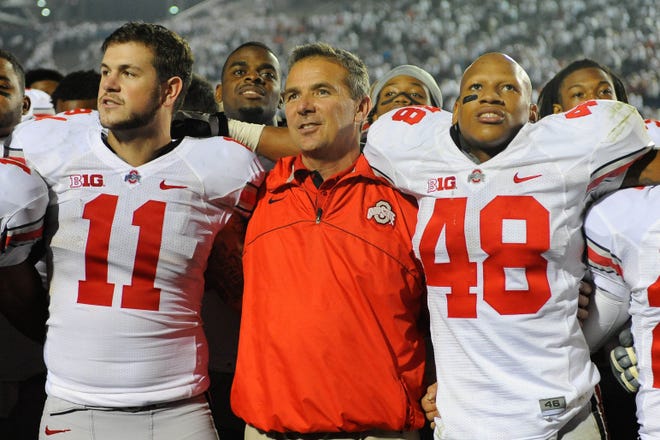 1. Urban Meyer has completed two undefeated NCAA seasons, but neither resulted in a national championship. In 2004, he led Utah to a 12-0 record, but the Utes — with still-active Washington quarterback Alex Smith behind center — finished fourth in the Associated Press poll and missed out on the Bowl Championship Series title game. In 2012, he finished 12-0 at Ohio State, but the Buckeyes were ineligible for postseason play under NCAA sanctions imposed for violations committed under his predecessor, Jim Tressel. [Rich Barnes/USA Today Sports/File]