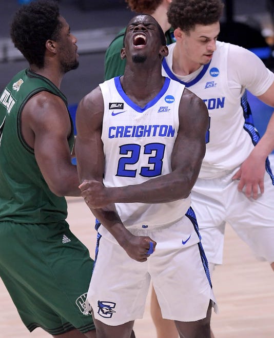 Second round: Creighton's Damien Jefferson celebrates during the Bluejays' 72-58 win over Ohio at Hinkle Fieldhouse.
