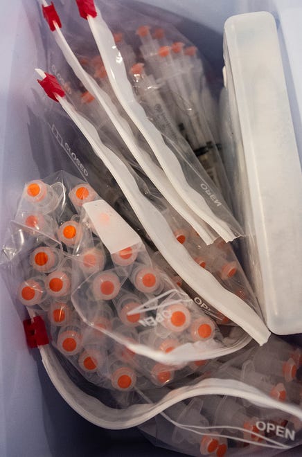 Johnson & Johnson COVID-19 vaccines ready to be administered by Horsham Square Pharmacy to employees at New Age Industries in Southampton, receive their COVID-19 vaccine, Friday, April 9, 2021.