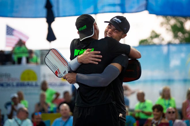 Ben Johns and Collin Johns celebrate after winning the U.S. Open Pickleball Championships men's pro doubles final at East Naples Community Park on Saturday, April 24, 2021.