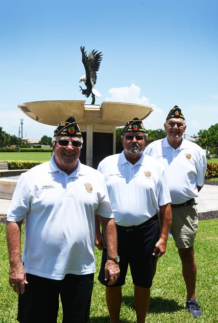 Lee Rubenstein, from left, Benny Skeldon and John Apolzan of the Amercan Legion, all military veterans, at Veterans' Community Park. The Marco Island American Legion post proposes to fund and erect a replica of the Vietnam Veterans Memorial "Three Servicemen" statue in the park.
