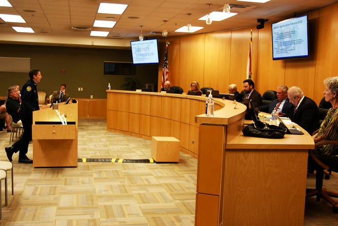 Marco Police Chief Tracy Frazzano speaks to council on noise ordinance recommendations. The Marco Island City Council met in a lengthy series of meetings July 19 at the council chambers.