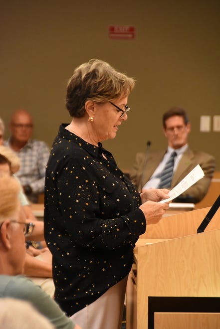 Lee Willis-Spector reads a letter she says was aimed at intimidating renters. The Marco Island City Council met in a lengthy series of meetings July 19 at the council chambers.