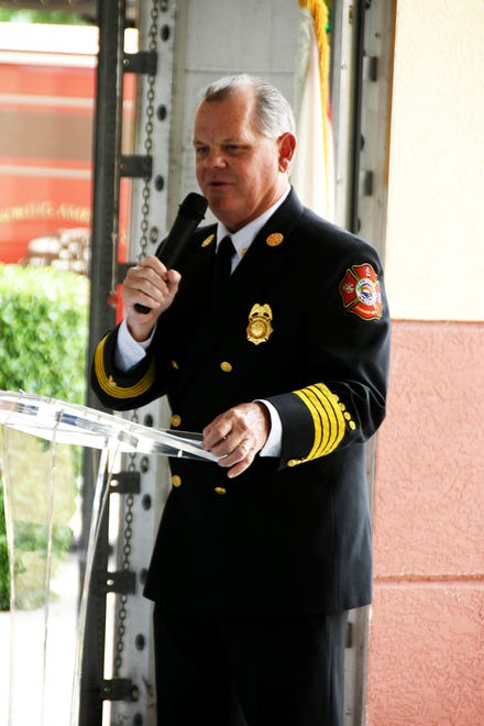 Fire Rescue Chief Chris Byrne speaks of the history of Station 50. The city broke ground on their new fire station Tuesday morning, inside the old station which will be razed to make room for it.