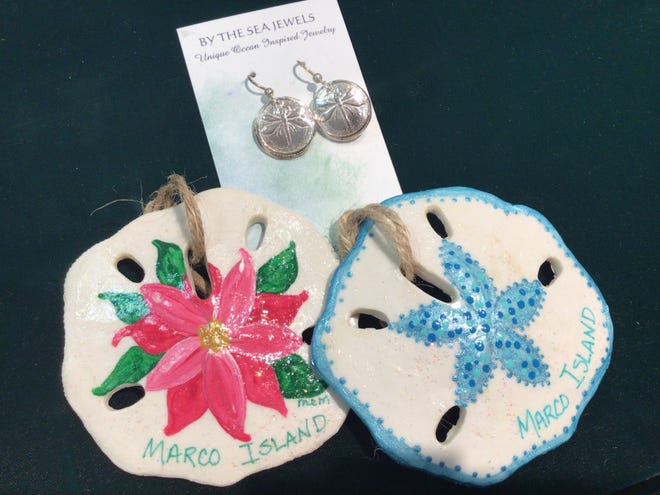 Maureen Massey, who divides her time between the Isles of Capri and Maine, has a jewelry line, By the Sea (earrings, $26) and Marco Island sand dollar ornaments