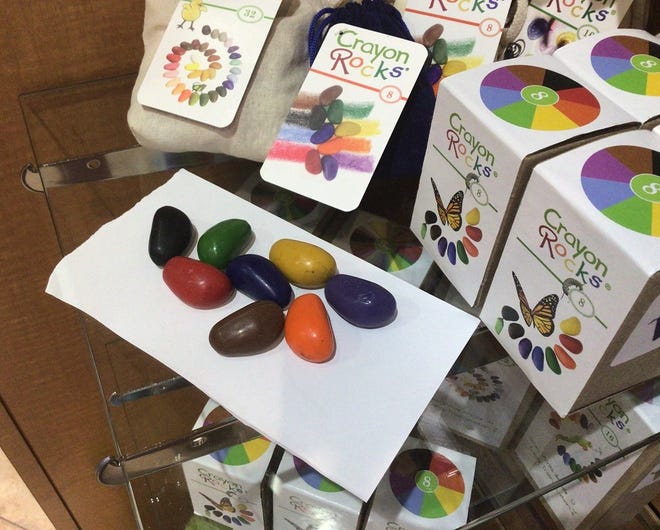 Crayon rocks from family-owned company in Kentucky are safe soy wax, work like pastels and come in boxes as big as 32 rocks ($17) at Marco Island Historical Museum