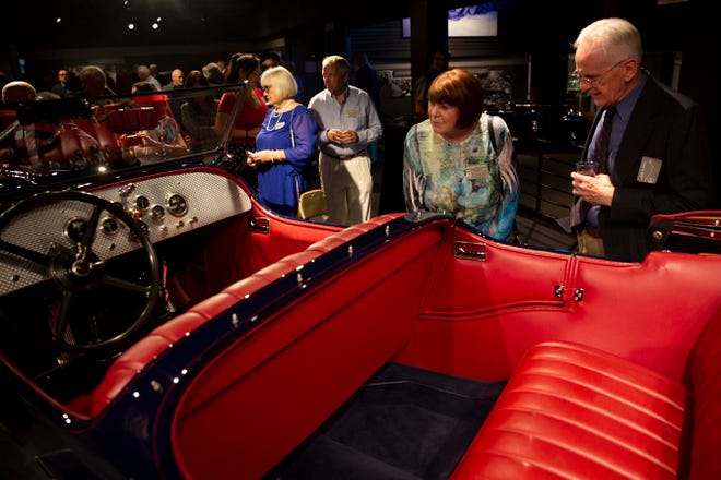 Jeanette Stomber and Rick Stomber view a 1929 Du Pont Model G Four Passenger Speedster during an unveiling ceremony, Wednesday, April 6, 2022, at the Revs Institute in Naples, Fla.

There are three of these cars in existence.
