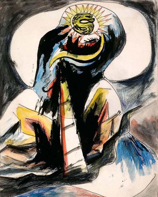 Untitled, c. 1941-42. Jackson Pollock (American, 1912-1956).
 India ink, watercolor and pastel on watercolor paper, 13 by 10 1/4 inches. Artis—Naples, The Baker Museum. Museum purchase, 2000