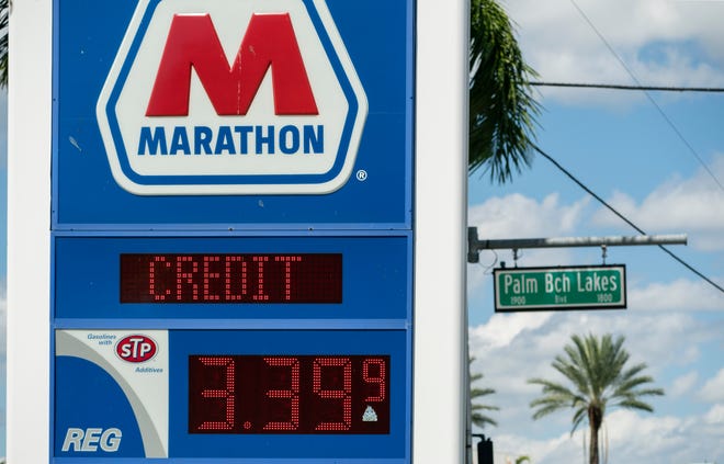 The price per gallon is 5 cents less than what it was last Wednesday, when it rose 10 cents to $3.56.