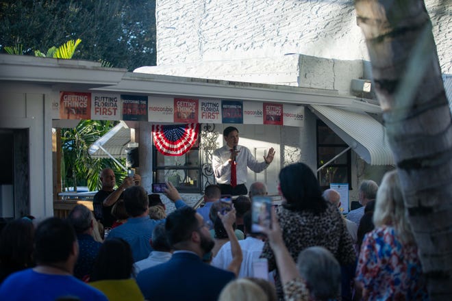 Senator Marco Rubio speaks to a crowd gathered for a campaign event for his re-election held at the Sims House on Thursday, October 27, 2022, in Jupiter, FL.