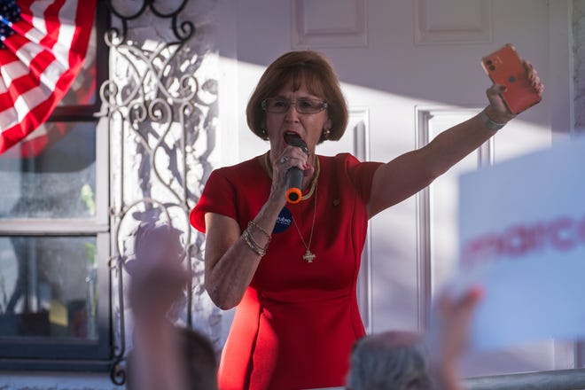 Florida State Senator Gayle Harrell cheers while speaking to a crowd during an event for Senator Marco Rubio's re-election campaign held at the Sims House on Thursday, October 27, 2022, in Jupiter, FL.