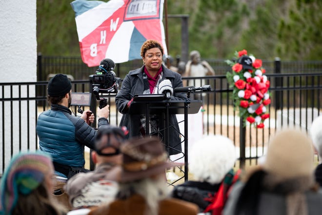 Florida Senator Tracie Davis speaks at a dedication ceremony that was held for the Dozier School for Boys Memorial in Marianna, Florida on Friday, Jan. 13, 2023.