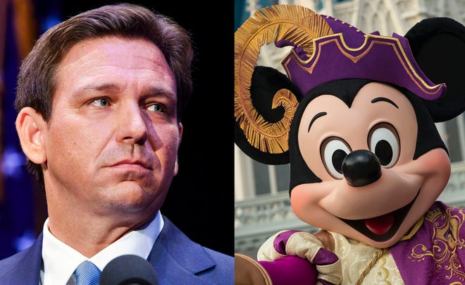 Florida Gov. Ron DeSantis, left, is taking on Walt Disney Co. in a battle over control of the company's holdings in the state.