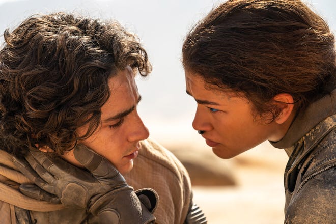 1. "Dune: Part Two": Paul Atreides (Timothée Chalamet) and Chani (Zendaya) grow closer in the epic sci-fi sequel with staggering visuals, all the gigantic sandworms you’d ever want, and deep exploration of power, colonialism and religion.