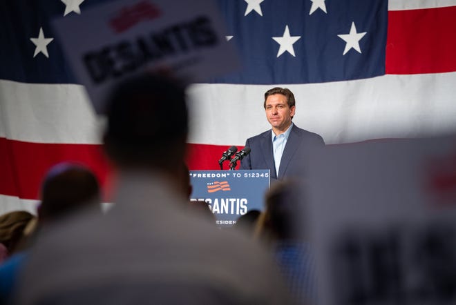Republican presidential candidate Florida Gov. Ron DeSantis speaks during a campaign event in Clive, Tuesday, May 30, 2023.